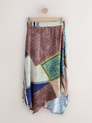 Brown/Blue Scarf Print N. Premium Satin Asymmetric Maxi Skirt - Image 5 of 7