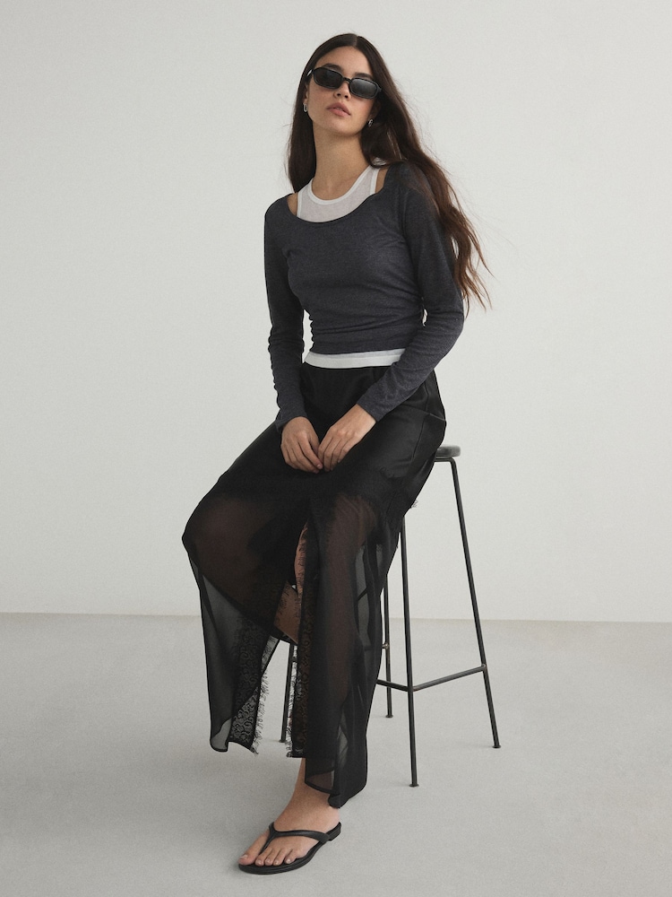 Black Satin Mesh Lace Trim Midi Skirt - Image 1 of 8