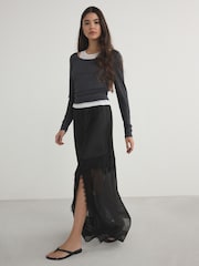 Black Satin Mesh Lace Trim Midi Skirt - Image 2 of 8