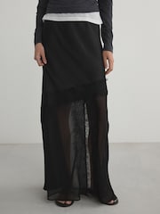Black Satin Mesh Lace Trim Midi Skirt - Image 3 of 8