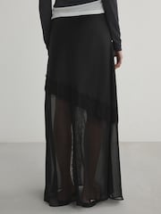 Black Satin Mesh Lace Trim Midi Skirt - Image 4 of 8