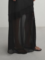 Black Satin Mesh Lace Trim Midi Skirt - Image 5 of 8