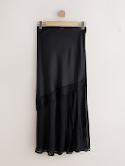 Black Satin Mesh Lace Trim Midi Skirt - Image 6 of 8