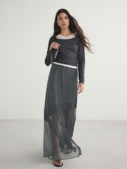 Grey Satin Mesh Lace Trim Midi Skirt - Image 1 of 3