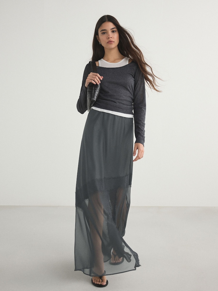 Grey Satin Mesh Lace Trim Midi Skirt - Image 1 of 3