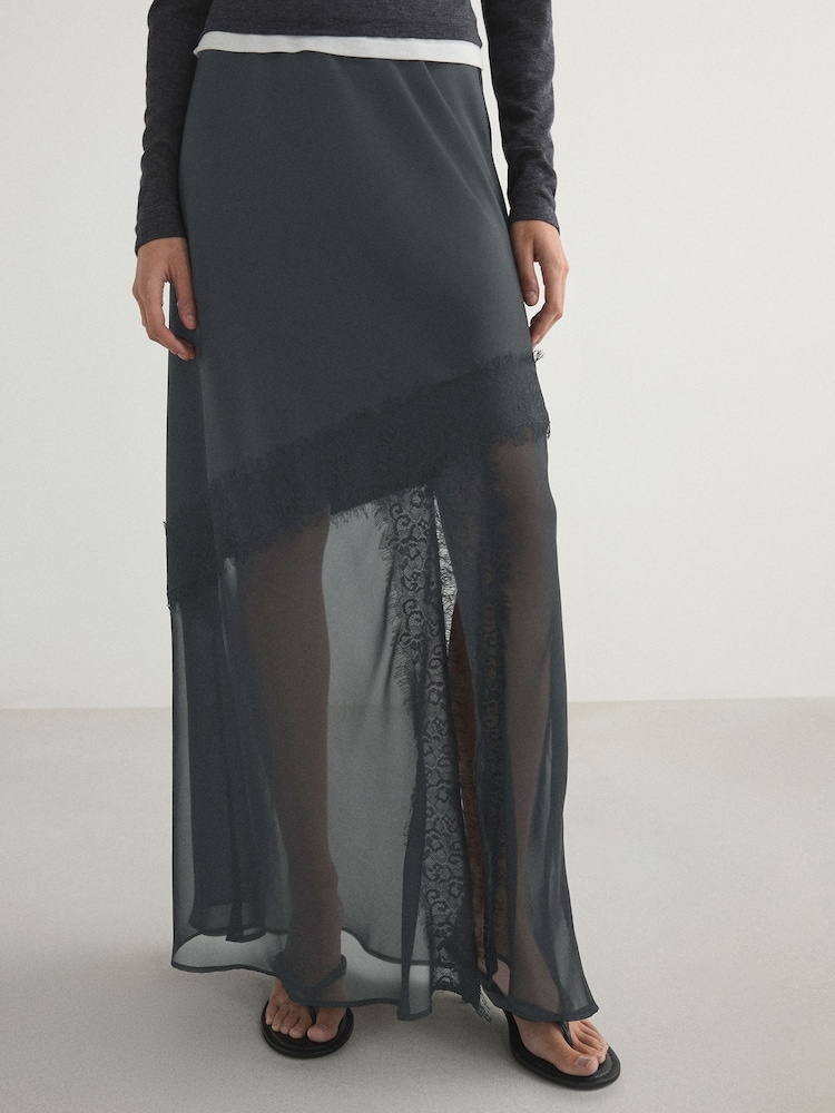 Grey Satin Mesh Lace Trim Midi Skirt - Image 2 of 3