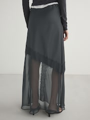 Grey Satin Mesh Lace Trim Midi Skirt - Image 3 of 3