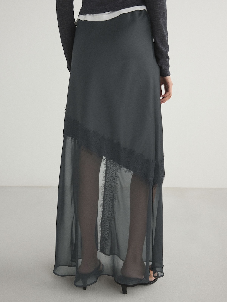 Grey Satin Mesh Lace Trim Midi Skirt - Image 3 of 3