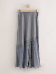 Grey Satin Mesh Lace Trim Midi Skirt - Image 4 of 6
