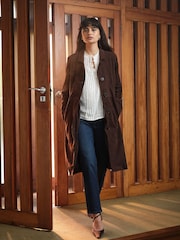 FatFace Lauren Chocolate Brown 100% Suede Long Jacket - Image 1 of 6