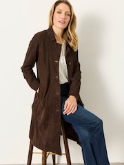 FatFace Lauren Chocolate Brown 100% Suede Long Jacket - Image 2 of 6