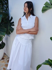 White Cotton Poplin Drop Waist Midi Skirt - Image 1 of 7
