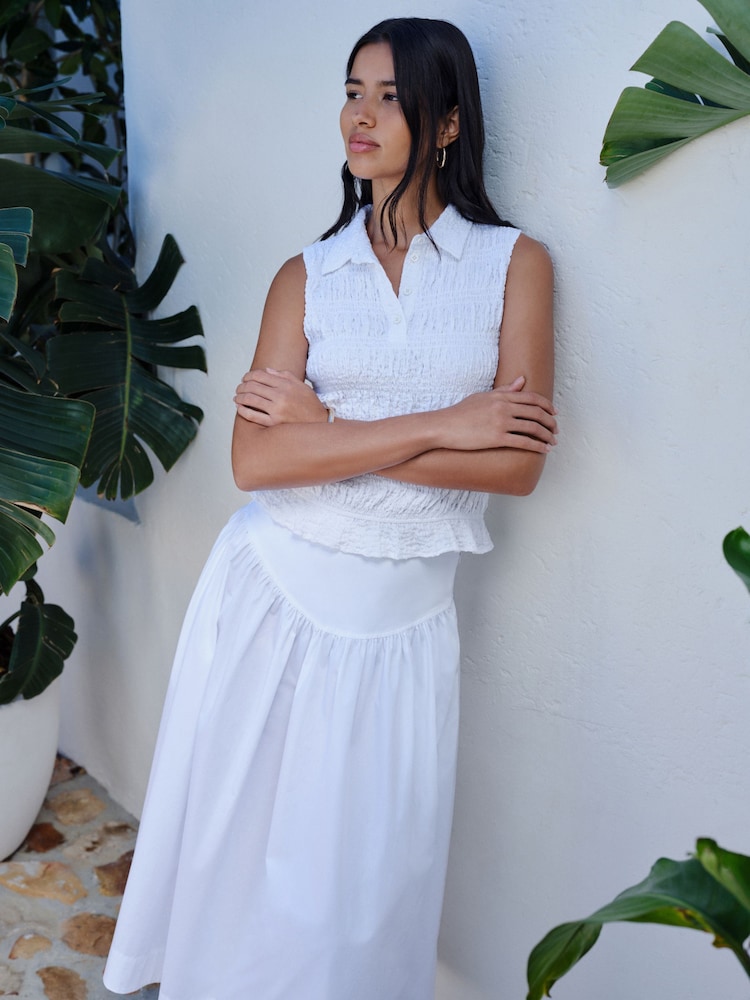 White Cotton Poplin Drop Waist Midi Skirt - Image 1 of 7 White Cotton Poplin Drop Waist Midi Skirt - Image 1 of 7