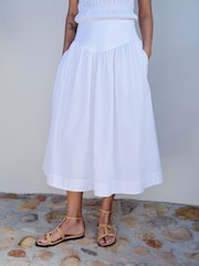 White Cotton Poplin Drop Waist Midi Skirt - Image 3 of 7