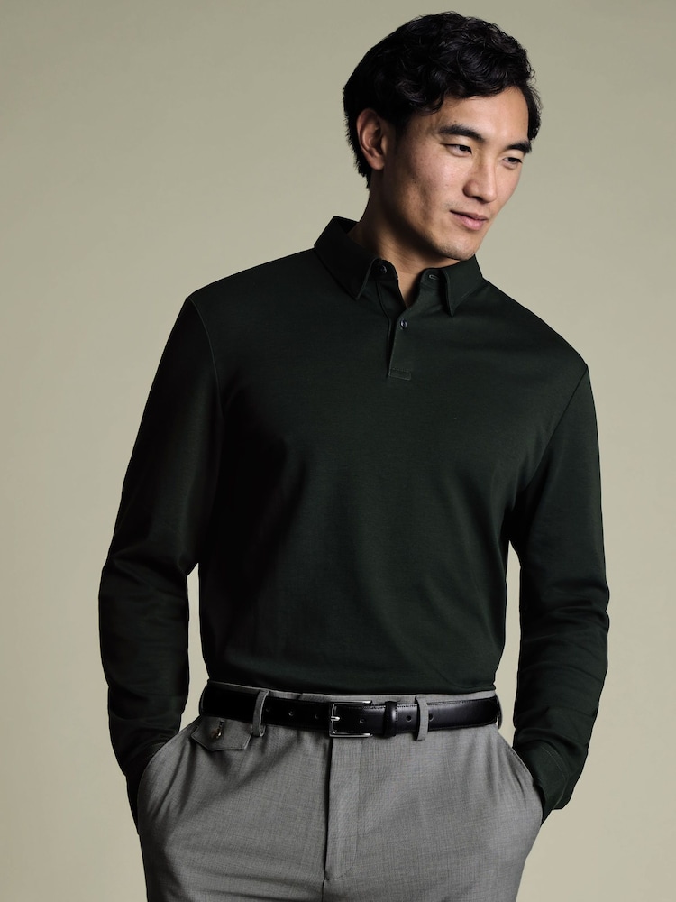 Charles Tyrwhitt Dark Green Long Sleeve Jersey Polo Shirt - Image 1 of 6