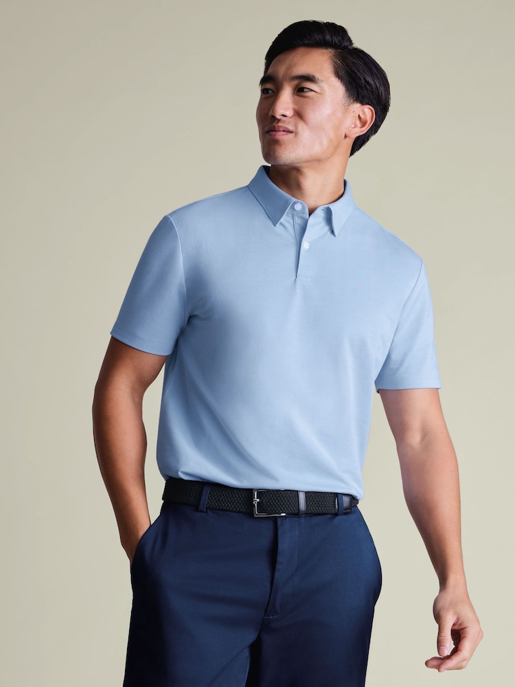 Charles Tyrwhitt Blue Short Sleeve Performance Long Sleeve Jersey Polo Shirt - Image 1 of 5
