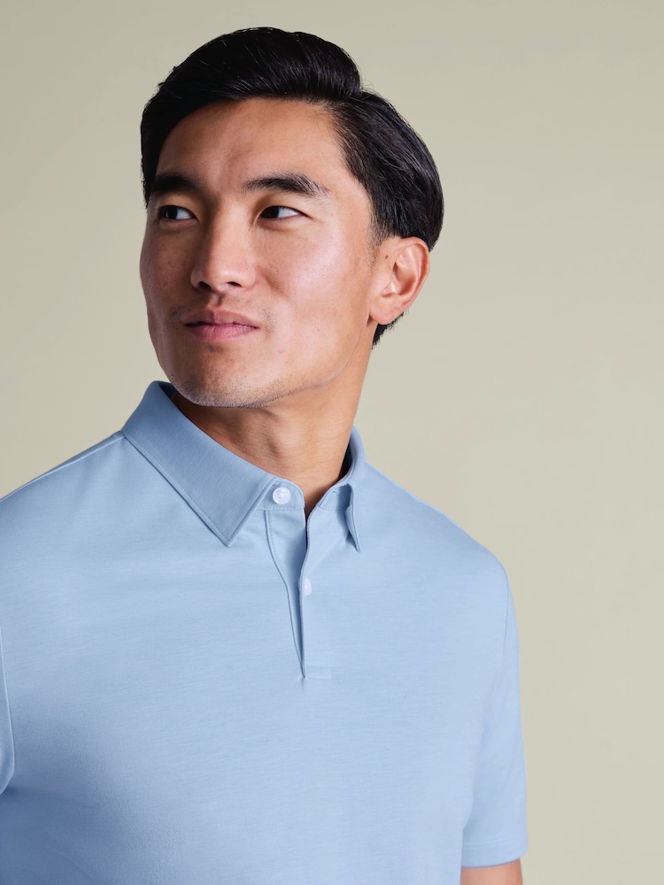 Charles Tyrwhitt Blue Short Sleeve Performance Long Sleeve Jersey Polo Shirt - Image 2 of 5