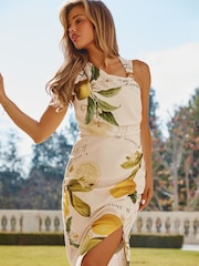 Lipsy White Petite Lemon Printed Asymettric Neck Gold Hardware Touch Of Linen Bodycon Midi Dress - Image 4 of 4