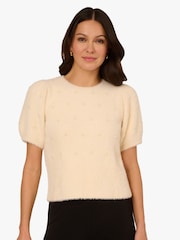 Adrianna Papell White Crew Neck Pearl Embellished Short Sleeve Fuzzy Sweater - Image 4 of 6