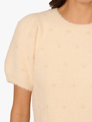 Adrianna Papell White Crew Neck Pearl Embellished Short Sleeve Fuzzy Sweater - Image 5 of 6
