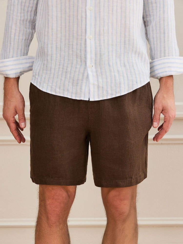 Brown Heavyweight Linen Drawstring Waist Shorts - Image 1 of 5