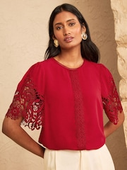 Love & Roses Red Crew Neck Lace Short Sleeve Blouse - Image 1 of 5