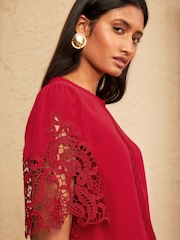 Love & Roses Red Crew Neck Lace Short Sleeve Blouse - Image 4 of 5