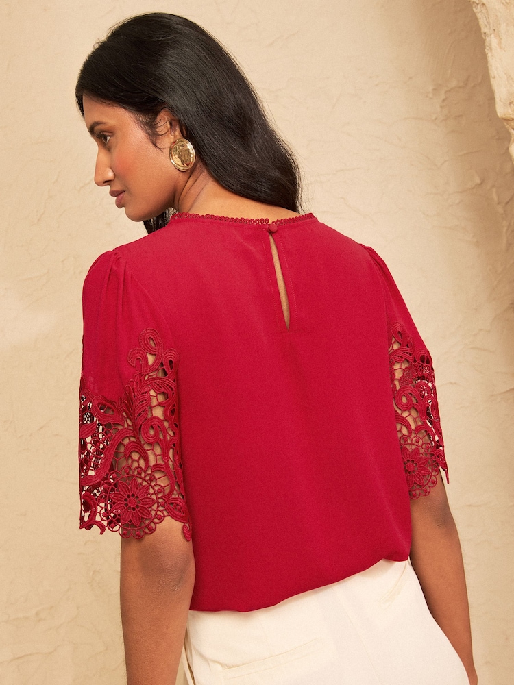 Love & Roses Red Crew Neck Lace Short Sleeve Blouse - Image 5 of 5