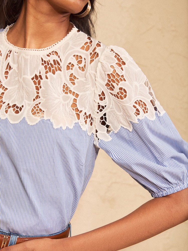 Love & Roses Blue Stripe Yoke Cutwork Detail  Blouse - Image 2 of 5