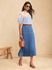 Love & Roses Blue Stripe Yoke Cutwork Detail  Blouse - Image 3 of 5