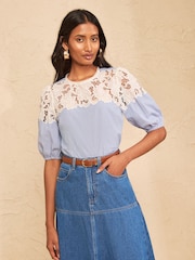 Love & Roses Blue Stripe Yoke Cutwork Detail  Blouse - Image 4 of 5