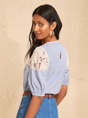 Love & Roses Blue Stripe Yoke Cutwork Detail  Blouse - Image 5 of 5