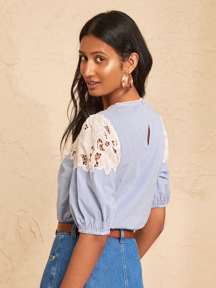 Love & Roses Blue Stripe Yoke Cutwork Detail  Blouse - Image 5 of 5