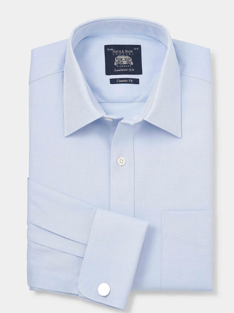 The Savile Row Company Blue Textured Cotton Herringbone Classic Fit Formal Double Cuff Shirt - Image 2 of 3 The Savile Row Company Blue Textured Cotton Herringbone Classic Fit Formal Double Cuff Shirt - Image 2 of 3