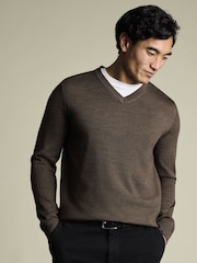 Charles Tyrwhitt Brown Merino V-Neck Jumper - Image 1 of 4
