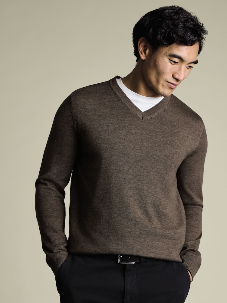 Charles Tyrwhitt Brown Merino V Neck Jumper - Image 1 of 4 Charles Tyrwhitt Brown Merino V Neck Jumper - Image 1 of 4