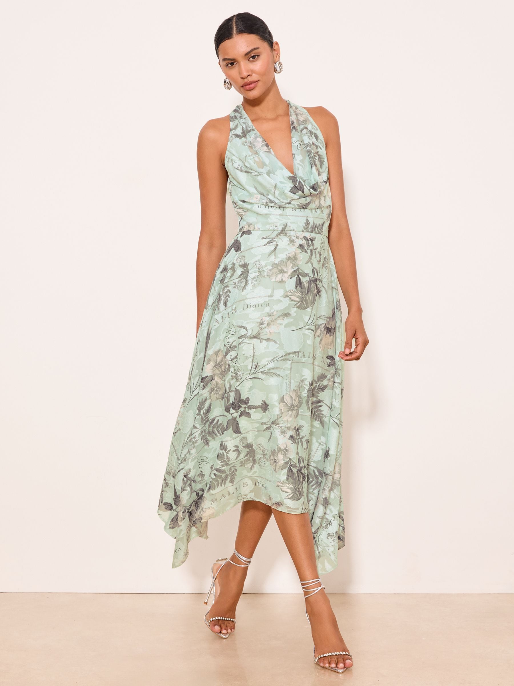 Buy Lipsy Green Floral Script Print Cowl Neck Burnout Fit And