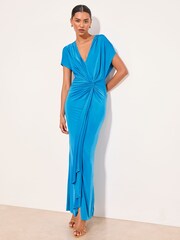 Lipsy Blue V-Neck Ruched Detail Knot Maxi Dress - Image 1 of 5