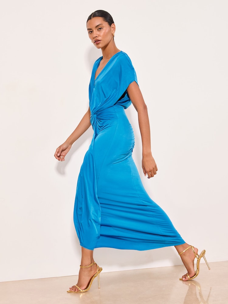 Lipsy Blue V-Neck Ruched Detail Knot Maxi Dress - Image 2 of 5