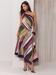 Lipsy Multi Petite Stripe Satin One Shoulder Fit And Flare Midi Dress - Image 1 of 5