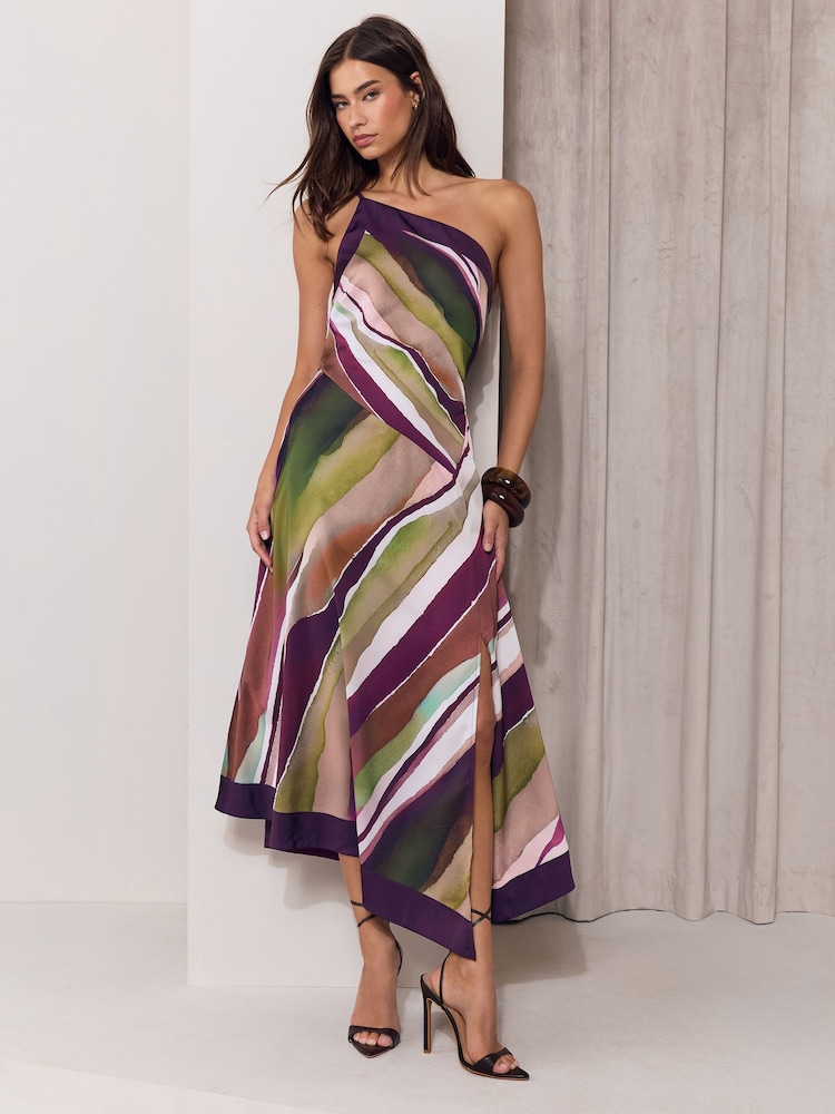 Lipsy Multi Petite Stripe Satin One Shoulder Fit And Flare Midi Dress - Image 1 of 5 Lipsy Multi Petite Stripe Satin One Shoulder Fit And Flare Midi Dress - Image 1 of 5