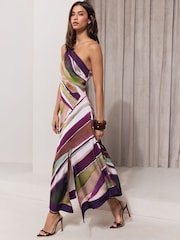 Lipsy Multi Petite Stripe Satin One Shoulder Fit And Flare Midi Dress - Image 2 of 5