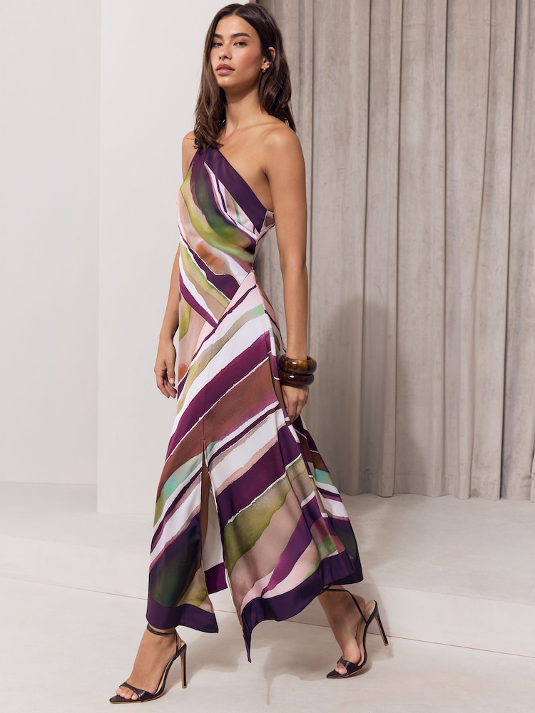 Lipsy Multi Petite Stripe Satin One Shoulder Fit And Flare Midi Dress - Image 2 of 5 Lipsy Multi Petite Stripe Satin One Shoulder Fit And Flare Midi Dress - Image 2 of 5