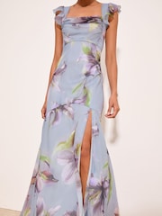 Lipsy Blue Ruffle Sleeve Cowl Neck Maxi Dress - Image 4 of 5