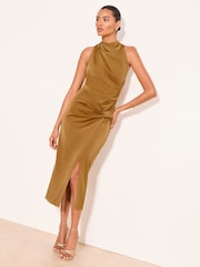 Lipsy Olive Green Satin Wrap Boatneck Bodycon Midi Dress - Image 1 of 5