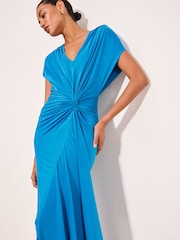 Lipsy Blue Petite V-Neck Ruched Detail Knot Maxi Dress - Image 3 of 5