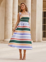 Lipsy Satin Stripe Fit And Flare Strappy Prom Midi Dress - Imagen 1 de 4