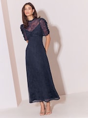 Lipsy Navy Petite Lace Puff Sleeve Fit And Flare Midi Dress - Image 4 of 4