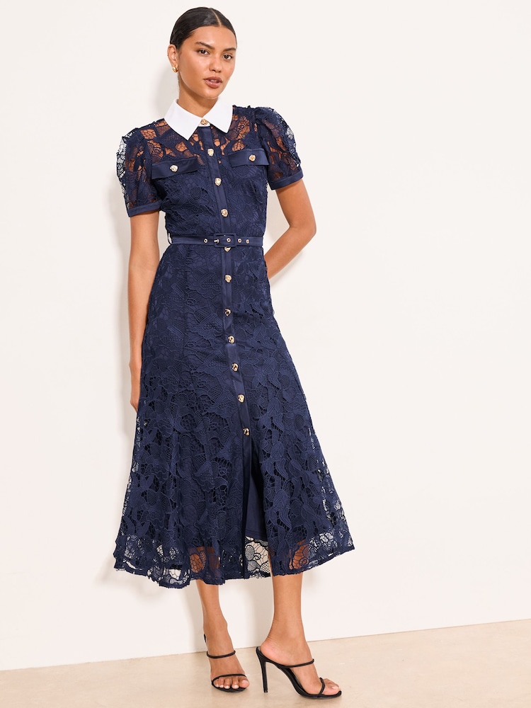 navy blue lace fit and flare dress Lace Flare Midi Dress