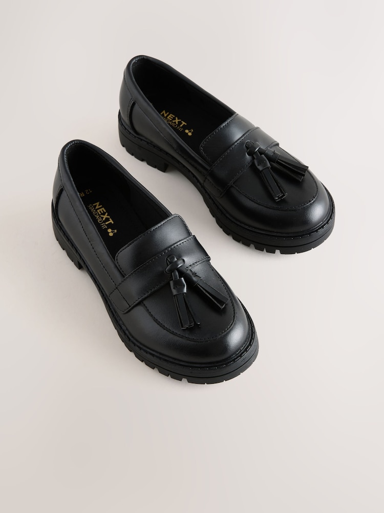 Black Matt Leather Standard Fit (F) School Chunky Tassel Loafers - Image 1 of 5 Black Matt Leather Standard Fit (F) School Chunky Tassel Loafers - Image 1 of 5